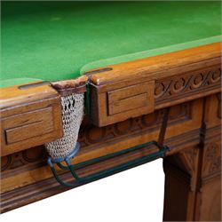 An outstanding bespoke late Victorian Aesthetic Movement golden oak full-sized snooker table of gothic influence, the rectangular slate bed covered in green baize within moulded rails and rounded pocket mounts, the protruding frame decorated with blind-fretwork frieze panels of Vitruvian scrolls and geometric ornament, over rails of repeating roundel carvings, raised on square chamfered and reeded supports with carved detail and panelled reserves, with further stylised brackets, stamped to the underside on all four edges R Anderson, serial number 4337
Viewing in situ near Tadcaster, please contact Chloe to arrange - 01904 393300