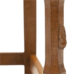 Rabbitman - pair of Yorkshire oak carver open armchairs, pierced and carved lattice back over tan leather seat with studwork, raised on octagonal supports united by H stretchers, carved with rabbit signature, by Peter Heap of Wetwang