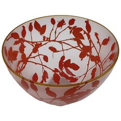 Gillies Jones of Rosedale glass bowl decorated with orange buds with orange rim, upon a short clear tapering foot, signed to base, H13cm D15cm