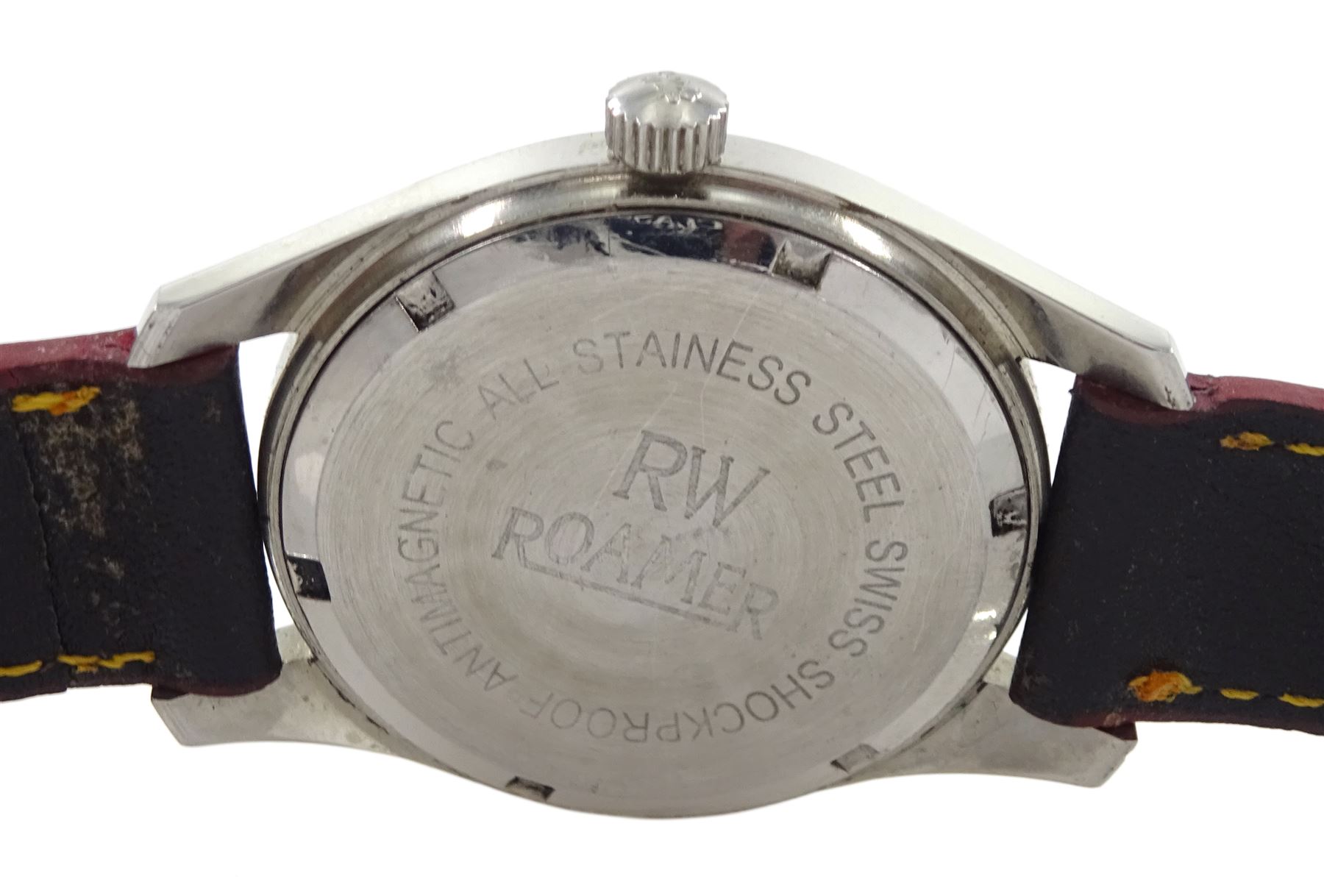 Rotary GT gentleman's stainless steel automatic wristwatch, 21 jewel movement, brown/grey dial with ate aperture and a RW Roamer gentleman's stainless steel manual wind wristwatch, 17 jewel movement and silvered dial, both on leather straps 