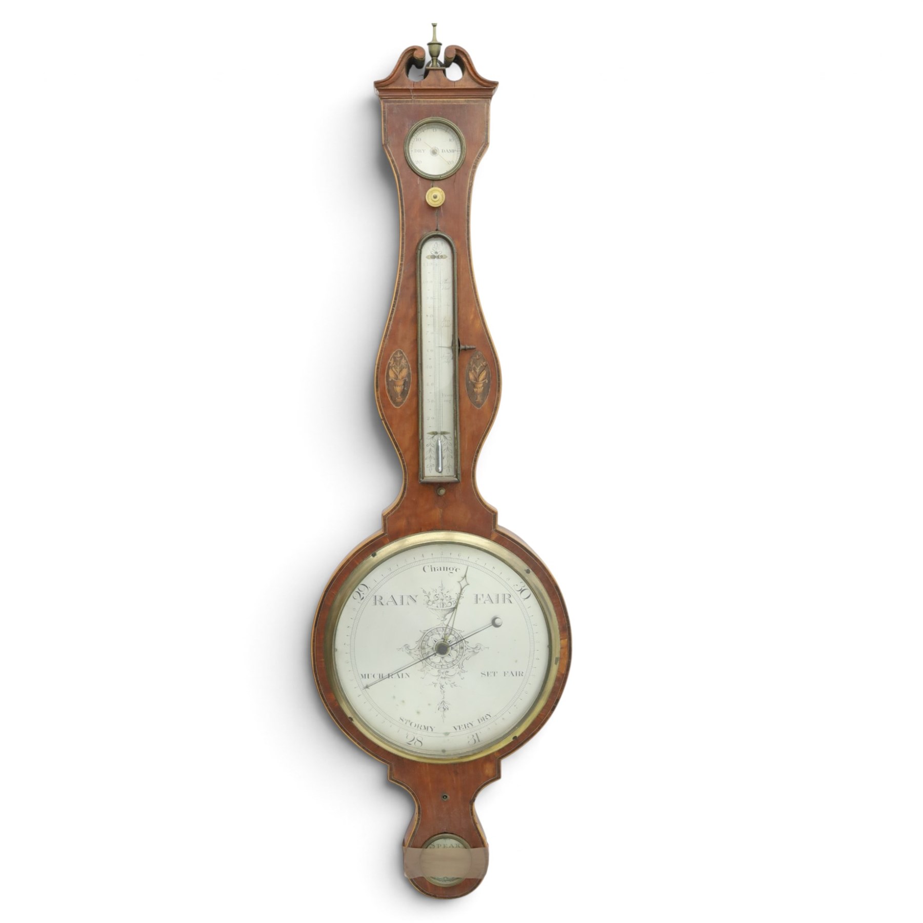 Three mahogany wheel barometers, each with silvered dial, thermometer and hygrometer, two with inlaid decoration, one with architectural pediment and one with swan-neck pediment 