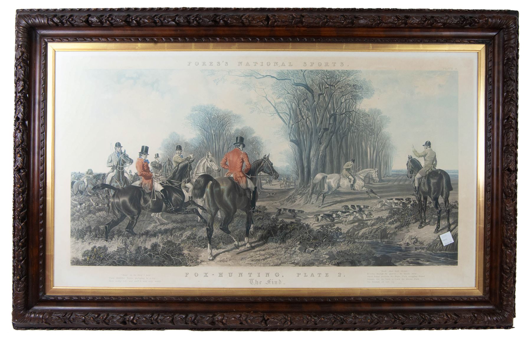 John Frederick Herring Senior (British 1795-1865): 'Fox Hunting - The Meet, The Find, The Run, The Kill',  set of four elephant folio aquatints by J. Harris, from Fores's National Sports, housed in ornate carved frames, aquatints 63cm x 114cm, overall size 88cm x 140cm (4)