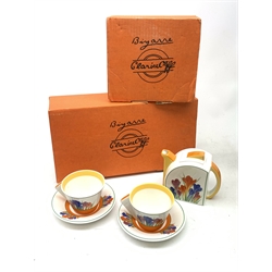 A limited edition Wedgwood Clarice Cliff Tea For Two set, comprising teapot, and two teacups and saucers, decorated in the crocus pattern, with boxes and certificates. 