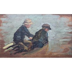 Attrib. Henry Scott Tuke RA RWS (British 1858-1929): Two Boys on the Prow of a Boat, oil sketch on panel unsigned, with further sketches verso 12cm x 19cm 
Notes: for comparable sketches on panels of a similar size, see works in The Tuke Collection, Royal Cornwall Polytechnic Society. Tuke often painted on both sides, leaving areas of panel exposed.