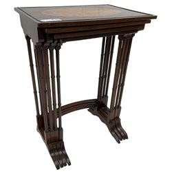 20th century inlaid mahogany quartetto nest of four tables, rectangular top inlaid with birdseye maple oval panel, ring turned supports on sledge feet