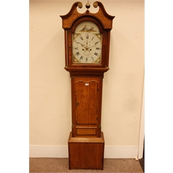  Early 19th century oak and mahogany banded longcase clock, swan neck pediment with finial, fluted quarter columns, enamel Roman dial painted with birds signed 'Richd Giffith, Denbigh', eight day movement striking the hours on bell, false plate signed 'Wilson', H214cm  