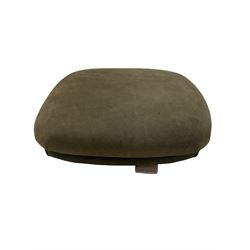 John Sankey - low armchair, buttoned back upholstered in tartan patterned fabric with contrasting grey leather, raised on turned and ebonised front feet with brass and ceramic castors, with matching foot stool