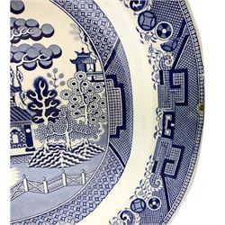 Victorian blue and white meat platter in willow pattern, L47.5