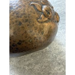 Newlyn school Arts and Crafts copper rose bowl, the planished exterior with fruit and leaves in high relief, H8.5cm x W18cm