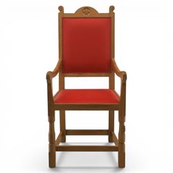Mouseman - oak armchair high back with fleur de lis motif, red leather padded seat with brass studded trim, with carved mouse signature, by the workshop of Robert Thompson of Kilburn