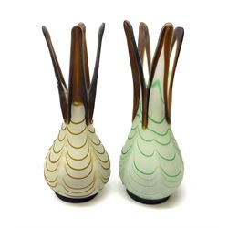 Two Art Glass vases, with four point rims and ripple effect decoration to bodies, H42cm. 