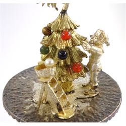 Christopher Nigel Lawrence limited edition silver and parcel gilt surprise mushroom, the textured domed cover opening to reveal two elves decorating a semi-precious gem set Christmas tree, upon a slate base, no 100/250, hallmarked Christopher Nigel Lawrence, London 1980, overall H9cm