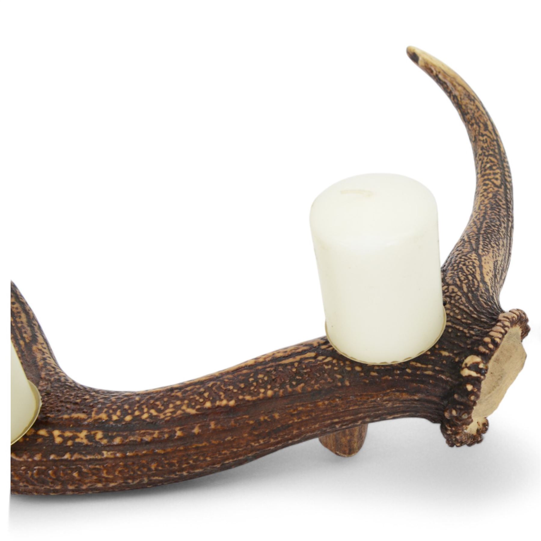 Red stag antler centre piece, made from a single antler with three candle holders to the centre, L78cm, H33cm  
