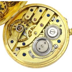 Early 20th century 18ct gold open face keyless lever pocket watch, gilt dial with Roman numeral hour markers, engraved foliate case, London import mark 1907, on rose gold-plated belcher link chain