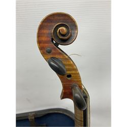 Late 19th century French three-quarter size 'Conservatory' violin with 34cm two-piece maple back and ribs and spruce top, the peg box inscribed 'Conservatory Violin Straduari', bears label 'Antonius Stradiuarius Cremonensis Faciebat Anno 1721' L55.5cm overall; in ebonised wooden 'coffin' case