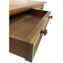 19th century walnut side table, rectangular top over two drawers with elm facias, lobe carved handles and moulded edge in mahogany, on turned and fluted supports 