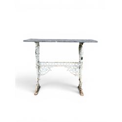 Victorian ornate cast iron garden table, trefoil base with central enclosed column, circular top with later marble, with registration mark