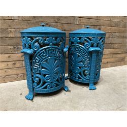 Pair of blue painted cast iron garden bins