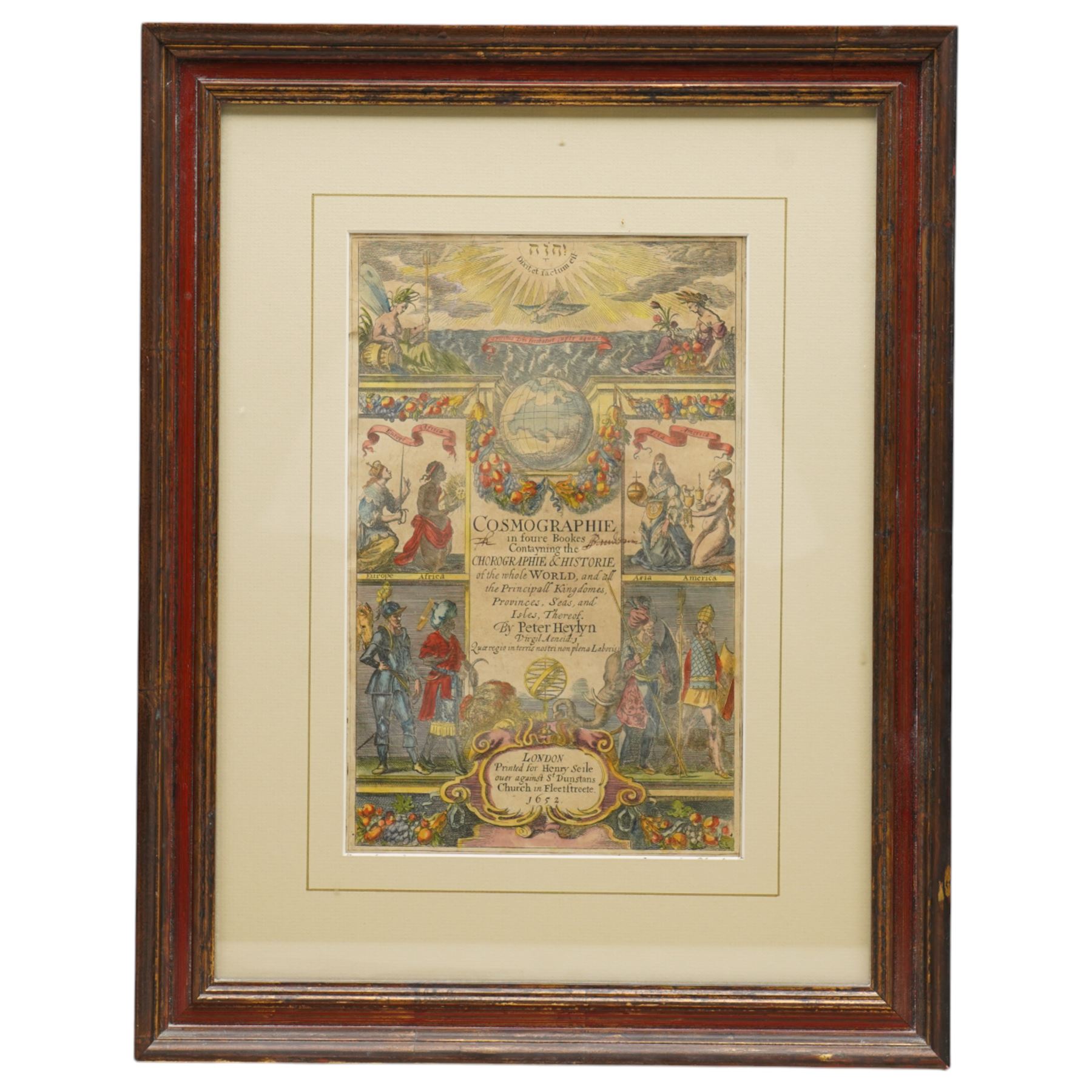 William Marshall (British fl. 1617-1649)  Frontispiece for 'Cosmographie' by Peter Heylyn depicting personifications of the Continents, 17th century engraving with hand-colouring pub. c.1652, 29cm x 19cm