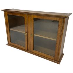 20th century low oak and glazed bookcase, double cupboard enclosing two shelves