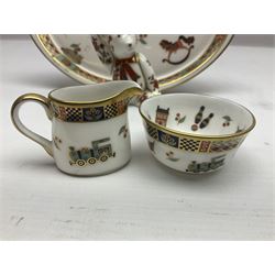 Royal Crown Derby Treasures of Childhood cabaret set, comprising tray, milk jug, sucrier, teacup and saucer, together with two Royal Crown Derby Treasures of Childhood paperweights Fleur and Ragdoll Sailor and Teddy bear paperweight, all paperweights are without stoppers