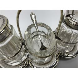 Sheffield silver-plated cruet set, comprising mustard pot, open glass salt and pepper pot on stand, together with a collection of silver plated spoons
