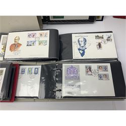 Stamps including Great British and Channel Islands first day covers, with various postmarks and genres, reference material etc, housed in various folders and loose, in one box