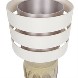 David White pottery lamp, of baluster form with elongated neck, with a brown spiral pattern on a cream ground, without shade H52cm