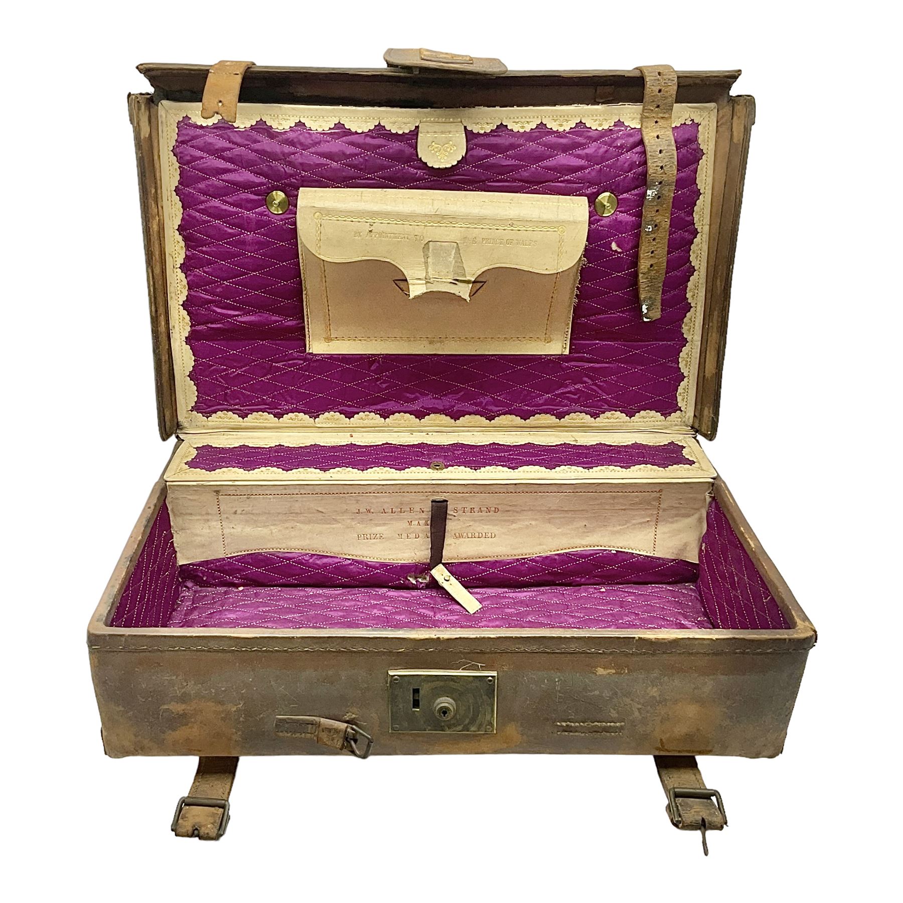 19th century leather suitcase, with brass plaque to cover engraved 'C R F Lutwidge Esq', the pink silk and white kid leather interior with pouch and edging impressed with gilt lettering reading 'By Appointment of Prince of Wales J W Allen 37 Strand Maker Prize Medal Awarded', H21cm, W73cm, Notes: Charles R. Fletcher Lutwidge, was mayor of Tunbridge Wells between 1895-1898, and again between 1901-1902