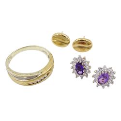 9ct jewellery including diamond set ring, pair of amethyst and cubic zirconia cluster stud earring and a pair of coffee bean earrings