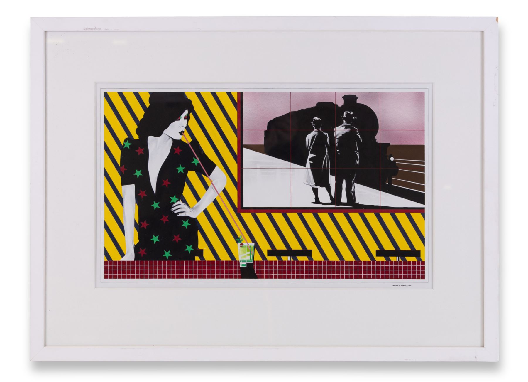 Gerrard A Lindley (Northern British 1949-): 'Figure Drinking with Train' gouache, signed and dated June 1980, titled verso on gallery label 29cm x 48cm
Notes: Born in Wakefield, Lindley attended Batley School of Art, later to become a freelance graphic artist/illustrator in 1972. A part time musician with local blues bands, he now works from his studio in Appledore, Devon 