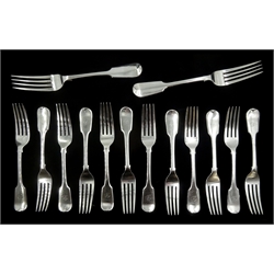 Set of twelve Victorian silver dessert forks, Fiddle pattern by Samuel Hayne & Dudley Cater, London 1841 and two similar dinner forks by Henry Holland, London 1856, approx 22oz