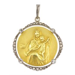 18ct gold Virgin Mary and child pendant, with diamond set surround, the reverse engraved 'Rome 1950'