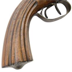 Mid 19th century double-barrelled Italian percussion pistol, smooth, round, 14 mm cal. barrels, forward spring lock engraved with floral motifs; wooden stock with grooved butt and engraved iron mounts, L35cm