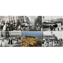 Set five black and white Victorian and later photograph prints of Scarborough on canvas together with a colour photo print of an aerial view of Scarborough max 66cm x 96cm (6)