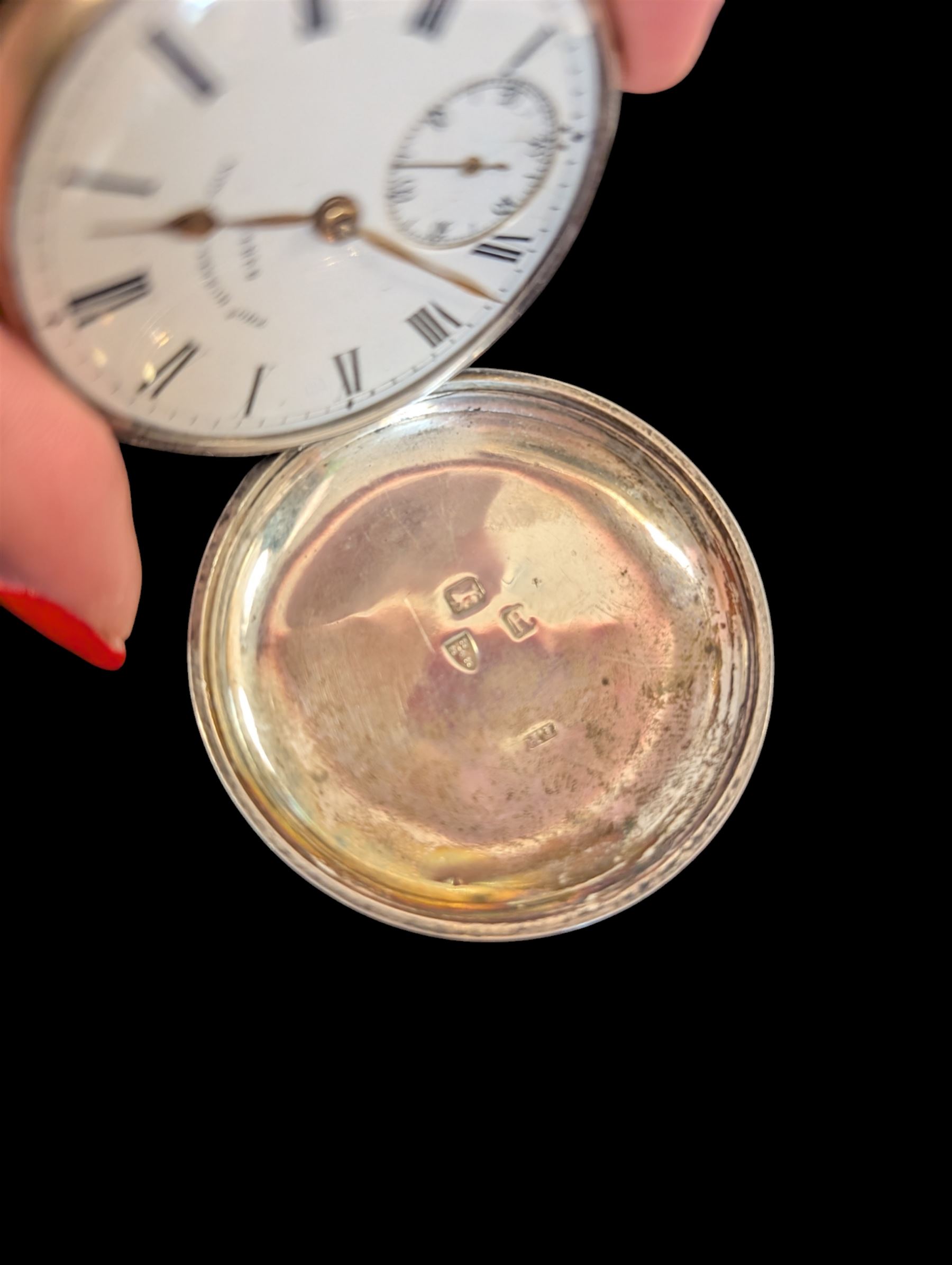 Late Victorian silver full hunter pocket watch by Tho Russell & Son no. 82844, with white enamel dial and subsidiary seconds dial, the front cover with blank cartouche, hallmarked Chester 1891