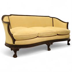 Edwardian Rococo Revival mahogany framed three seater settee, the carved frame with serpen...