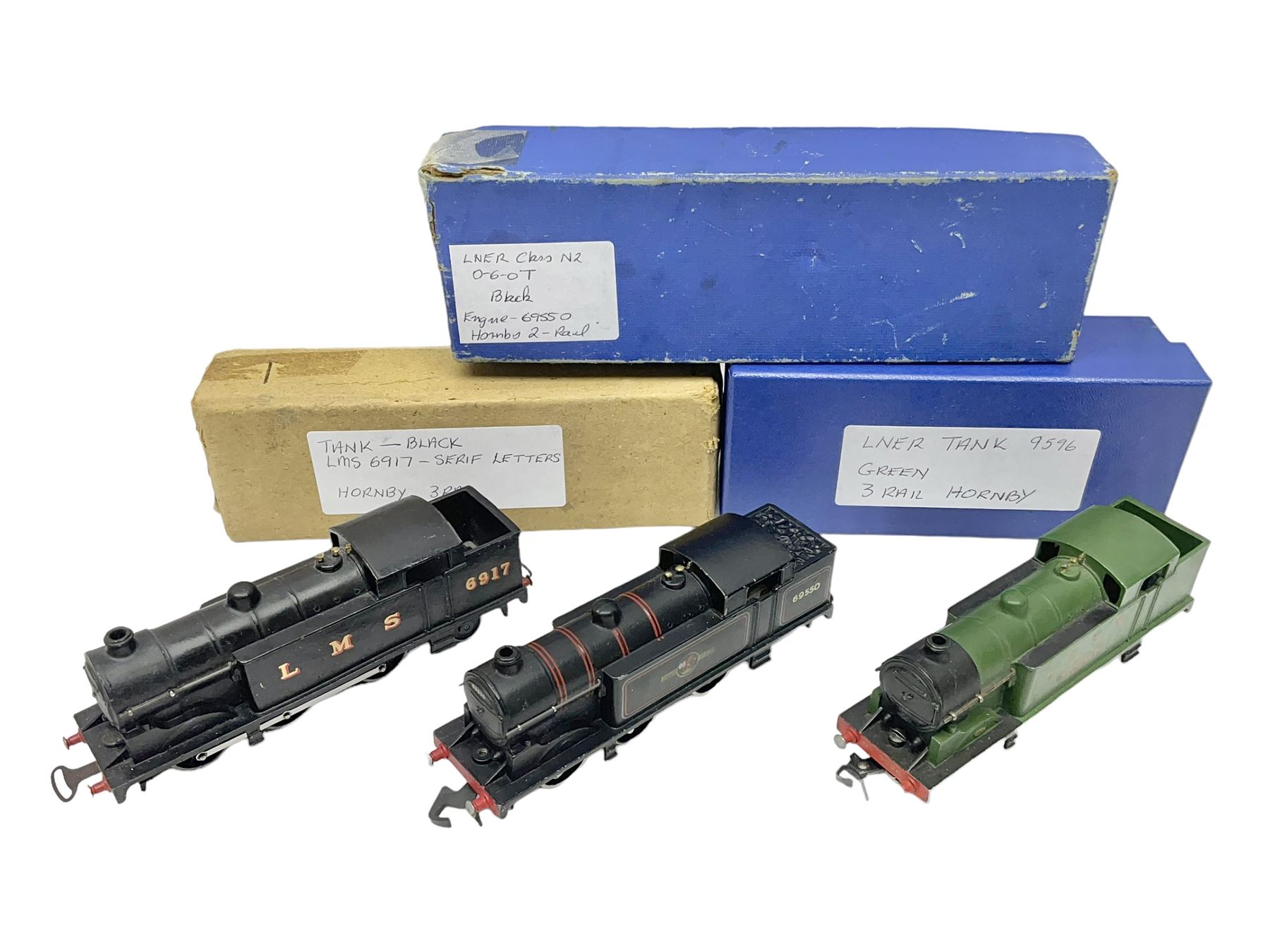 Hornby Dublo - 3-rail - Class N2 0-6-2 locomotive No.9596 in LNER green; and Class N2  0-6-2 tank locomotive No.6917 in LMS black with serif letters; together with a 2-rail Class N2 0-6-2 tank locomotive No.69550; each in unassociated box (3)