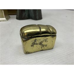 Metamec and H. Samuel battery operated brass carriage clocks, bronzed style abstract figure signed 'Cotp W', two art glass splash bowls, etc