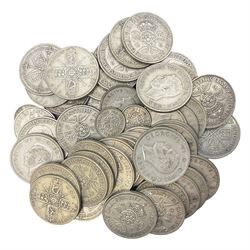Approximately 500 grams of Great British pre 1947 silver coins, including  florins, one shillings and threepence pieces