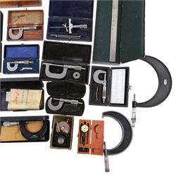 Collection of measures and gauges, including Venture Tachometer, collection of micrometers including Brown & Sharpe examples, three height gauges and other scientific instruments