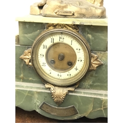  Edwardian gilt metal and marble figural mantel clock, surmounted by a spelter figure titled Faucheur, twin train movement hour striking on a bell, with Brunswick Cycling Club presentation plaque for 1904, H59cm, W43cm, D21cm  