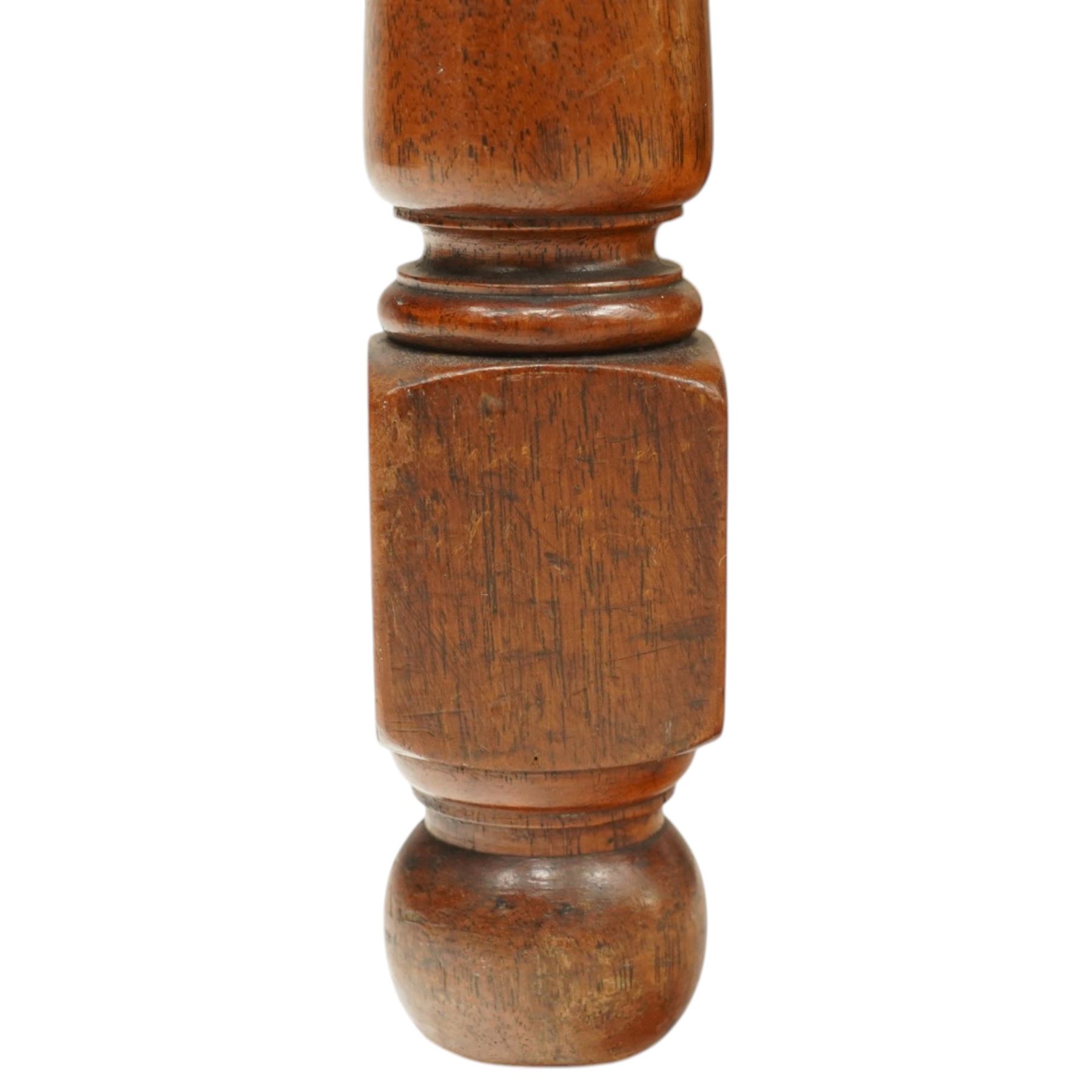 17th century style mahogany set of six dining chairs, with carved scrolled finials, padded green velvet upholstery, block and turned supports united by stretcher  