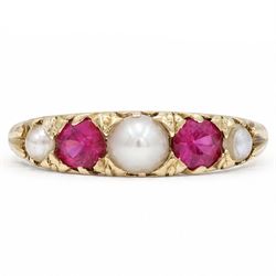 Early 20th century synthetic ruby and pearl ring, set with three split pearls and two roun...