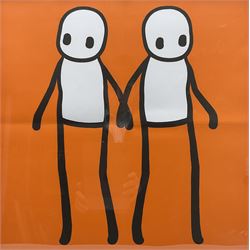 Stik (British 1979-): 'Holding Hands' - Orange, offset lithograph in colours pub. 2020, 49cm x 49cm, together with a copy of 'Hackney Today' newspaper, 21st September 2020, in which the print was distributed (2)