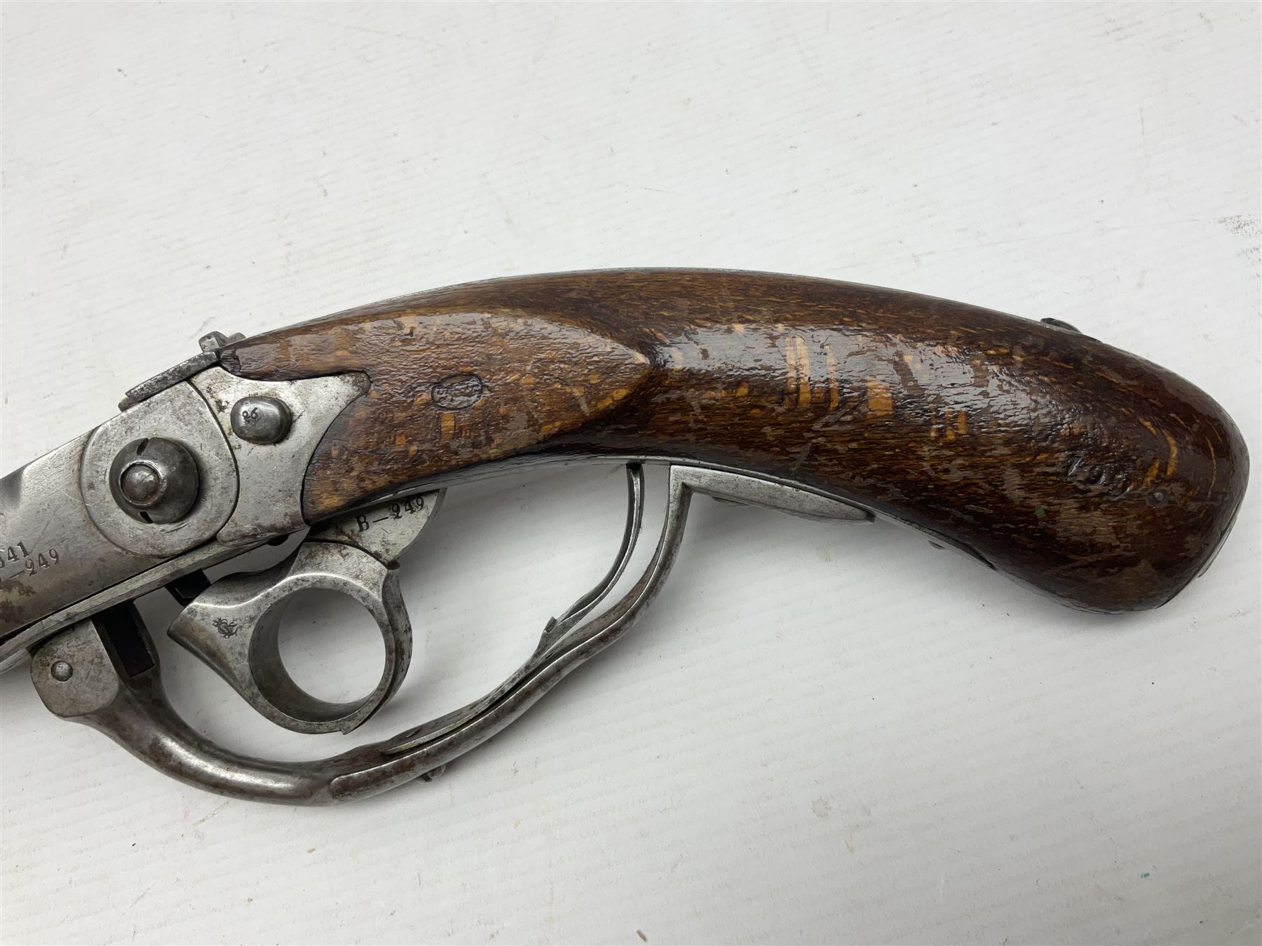 Mid-19th century military Model 1841 Bavarian Lindner style breech loading percussion pistol dated 1842, approximately 16mm cal., 21.5cm rifled octagonal barrel with fixed front and rear sights, unusual under action percussion hammer, profuse ordnance marks and repeated serial number B-249; two stamps to wooden stock L47cm overall