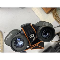 Three pairs of binoculars to include Enbeeco Concord and Bresser, Palestine police patch, framed pictures etc