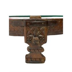 20th century carved hardwood and metal bound side table, demi-lune form with inset glass top (W74cm, H32cm, D40cm); white metal scroll holder (L27cm)