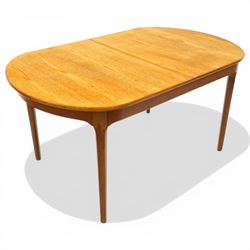 Nathan - teak oval extending dining table, together with set of eight matching low-back dining chairs with tan leather seats, extends to 203cm