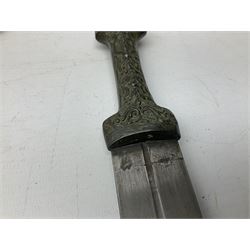 19th century Khanjali dagger, 33.5 cm double edged fullered blade with stamped makers marks, ornate cast grip, with engraved white metal scabbard, 46cm overall